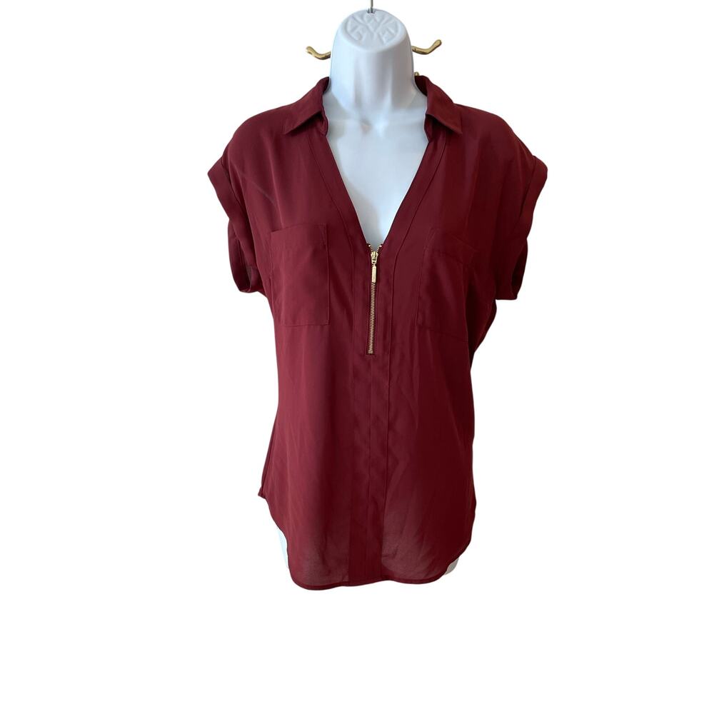 Express Sheer Zipper Detail Top Size M Maroon Cuffed Sleeves
